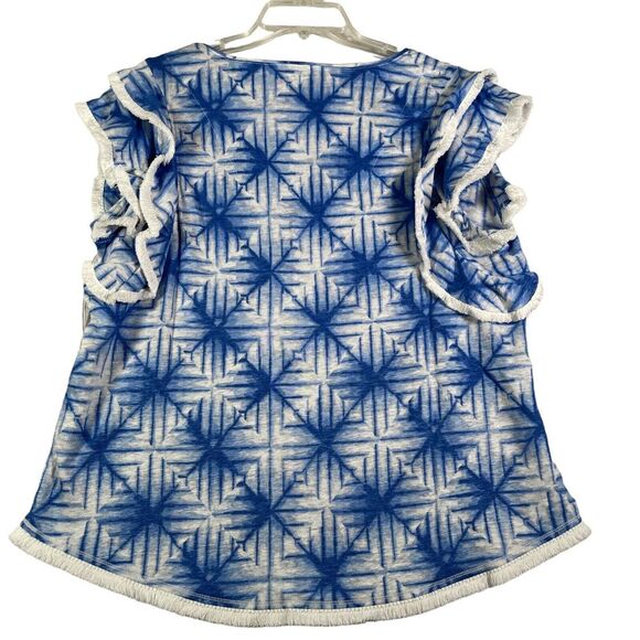 Chico's Top Womens 2 (14/16) L Amparo Blue Linen Flutter Sleeve Geometric NEW - Picture 3 of 11